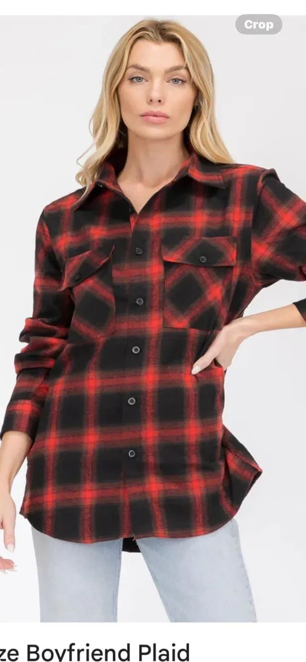 Zaful NWT Women’s Size L Oversized Boyfriend Red Black Plaid Checkered Flannel